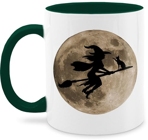 Tasse Tassen 325ml - Hexe Halloween Hexen auf Besen Vollmond Katze Witch Mond - 325 ml - Dunkelgrün - bild fliegende halloween-tasse haloween outfits mug grusel hellowee kaffeetasse gruselig