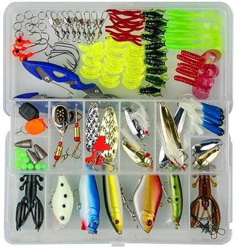 120PCS Fishing Lures Accessories Set with Storage Box, Including Spinners, Worm, Spoons, Hard Lure, Sinking Lures, Treble Hooks ect