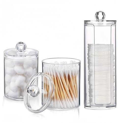 MIEGUIWOR 3 Wattestäbchen Behälter und Wattepadspender aus Hochwertigem PET – Klar, Staubdicht und Langlebig – Ideal für Kosmetik, Q-Tips und Make-up – für Bad, Schminktisch und Büro (transparent,C)