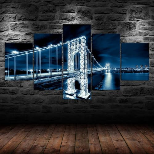 Bilder Wandbild 200x100cm Vlies - Leinwand Bild XXL Wandbilder Wohnzimmer Wohnung Deko Kunstdrucke 5 Teilig Leinwand Bild -Beleuchtete Lichtwege der George Washington Bridge Hd Gedruckt Wandkunst
