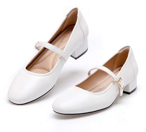 Hingswink Mary Jane Shoes - White Dressy Low Heel 2 Inch Chunky Heel Pumps with Adjustable Ankle Strap