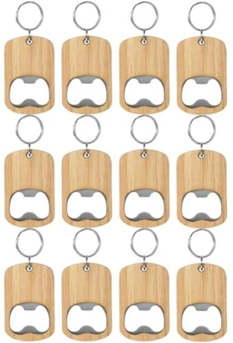 Ohsilv 12Pack Wood Bottle Opener Wooden Keychain Bottle Openers Blanks Wood Engraving Key Chains Key Tag for Home Kitchen