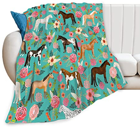 TradesForU Überwurfdecke mit Pferdemotiv und Blumenmuster, Decke für Mädchen, Kinder, Erwachsene, super warm, weich, gemütlich, Plüsch-Fleece, Flanelldecke für Sofa, Couch, Bett, Geburtstagsgeschenke,