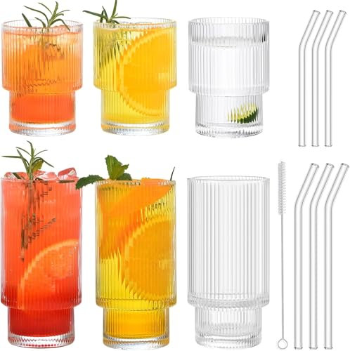 ALINK Lot de 6 verres nervurés avec pailles, verres à eau, verres à long drink, tasses à café glacé, verre strié pour cocktail, whisky, bière, eau