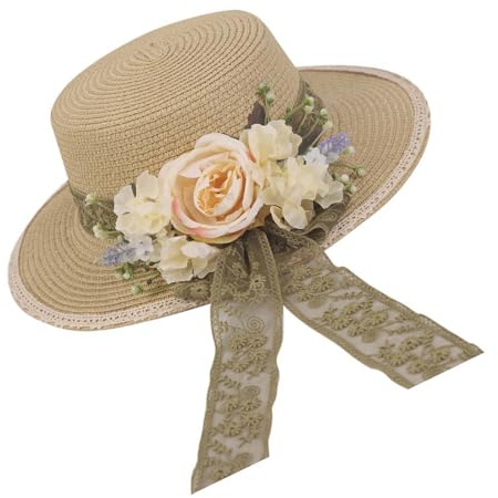 WUODHTW Sombrero Panamá de paja para mujer, sombrero de playa, sombrero de sol con decoración de flores, sombrero de parte superior plana, sombrero de viaje para el sol, sombrero de verano UV