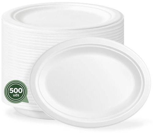 Horeca Collection MAXI PRODUCTS - 500 Unidades - Platos Caña de Azúcar -Plato Llano Ovalado -Plato Compostable - 26x19 cm - Plato Reciclabe - RESISTENCIA TÉRMICA