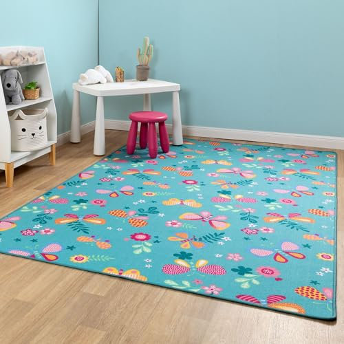 Steffensmeier Kinderteppich Sophia Rechteckig | für Kinderzimmer | Spielteppich | Schmetterling Türkis, Größe: 300x400 cm