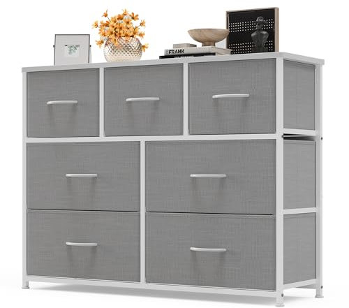 Xbro Kommode, Kommodenschrank mit 7 Schubladen aus Stoff, Komodenschrank Schlafzimmer mit Holzplatte, Kommode Schlafzimmer Flur, Komodenschrank Flurschrank für Küche Büro Flur Schlafzimmer (Grau)