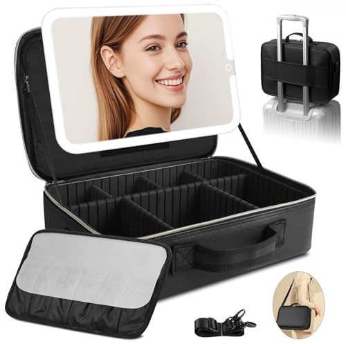 Trousse de Maquillage avec Miroir LED Amovible, Grand 38X28cm Professionnel Sac de cosmétiques de Voyagea de Lumineux, boîtier de Maquillage avec Miroir éclairé, 3 Modes d'éclairage,Cuir PU