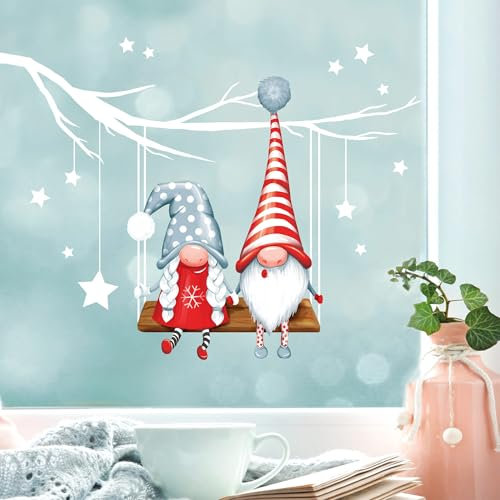 Wandtattoo Loft Fensterbilder Weihnachten mit 2 Zwergen auf Schaukel – Wiederverwendbar – A4 Bogen, 54 Sticker – Weihnachstdeko Fenster Kinderzimmer, Weihnachtsbilder Fenster, Fensterbild Winter