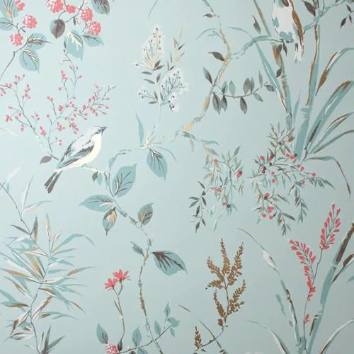 Mariko Blue Wallpaper - Floral Treebird Leaves Botanical Naturistic - Metallic Effect Stylish Trendy Feature Wall