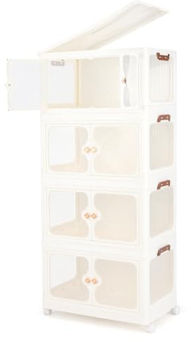 COSTWAY Foldable Shoe Storage Box, 3/4-Tier Stackable Storage Bins with Lid, Transparent Doors & Lockable Wheels, 159L/212L Collapsible Shoe Boxes Cabinet Closet Organizer Containers (4-Tier, 212L)