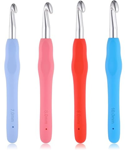 LIQWEI 4 Stück Häkelnadeln, 7mm, 8mm 9mm, 10mm Metall Stricknadeln mit Ergonomischem Griff, Bunt TPR Griff Stricken Häkeln für Anfänger und Häkelgarn