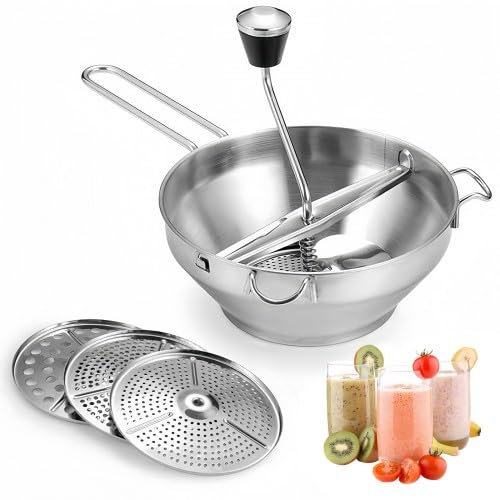 Volumoon Passaverdure, Macinino Manuale, Passaverdure Manuale Acciaio Inox, Facile Da Usare, Passaverdura con 3 Dischi, Versatile Passa Verdure per Frutta, Zuppe, Patate, Alimenti Bambini