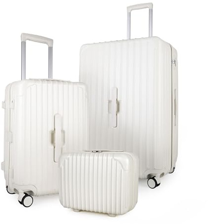 JLY 14/20/28 3 Piece Hard Shell Vanity, Cabin & Large Set, Ivory White | ABS+PC construction, brush holder, wet/dry zip dividers, TSA locks, 360-degree spinner wheels for every trip