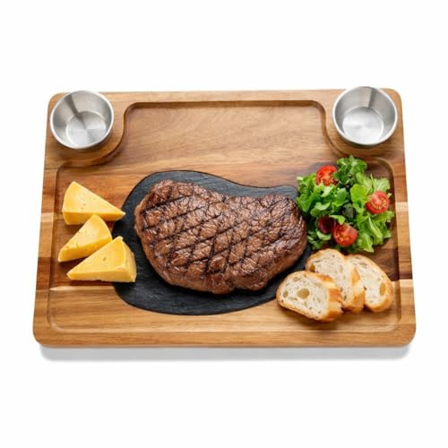HALE OTEIR Akazienholz Servierplatte mit Schieferplatte, Schiefer Servierbrett Holz mit 2 Dipschale, Rustikale Käseplatte, Steakbrett, Grillplatte & Sushi-Brett für Fleisch, Käse, Tapas & Grillabende