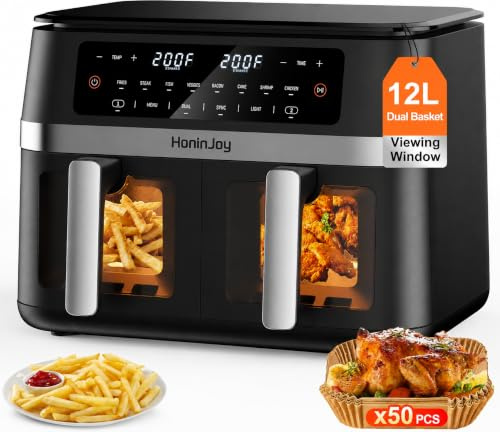 HoninJoy Double Stack Air Fryer, 12L, 2 Drawers With Viewing Window | 10-in-1 Dual Air Fryer, with 50pcs Paper Liners, Two 6L Non Stick Baskets, for Roast, Bake, Reheat, Dishwasher Safe Baskets
