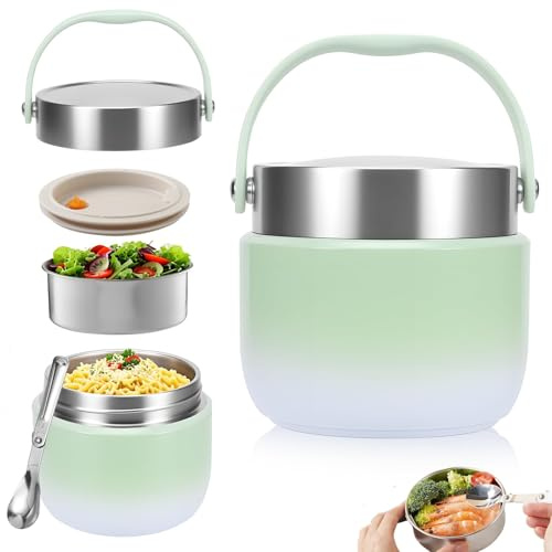 DBAATTZ Contenitore Termico per Alimenti, Thermos per Alimenti 1200 ml, con Cucchiaio Pieghevole, Grande Capacità Contenitore Termico di Acciaio Inossidabile, per Campeggio, Palestra, Verde