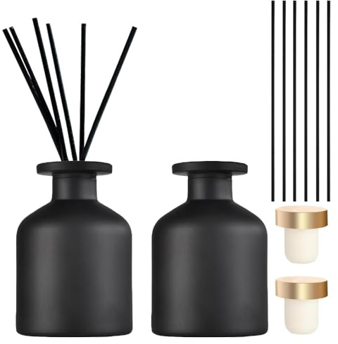 2 Stück Schwarz Glasdiffusorflaschen Set, 150ml Glas Diffusorflaschen mit 12 Duftstäbchen und 2 Verschluss, Matte Glasflaschen, Leere Diffusorflasche für Raumduft und Aromatherapie