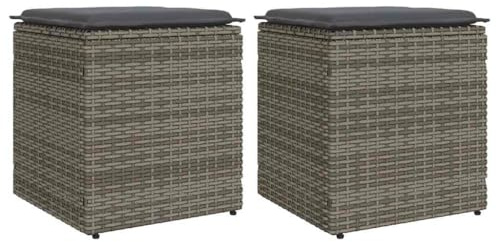 IBUQDDV Lot de 2 tabourets de jardin avec coussins - Gris - 40 x 40 x 43 cm - En polyrotin - Espace de rangement - Housse amovible - Résistant aux intempéries - Confortable