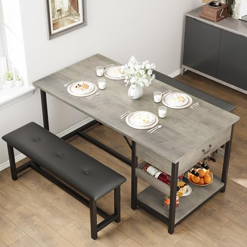 GarveeHome Essgruppe Set für 4 Personen, Esstisch mit 2 gepolsterten Bänken, mit Schublade & Weinregal, MDF-Holz & Metallgestell, für Esszimmer & Wohnzimmer, Grau-Holzoptik & Schwarz, 112×70×75 cm