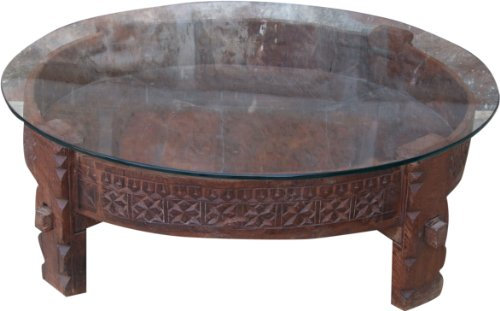 Runder Kaffeetisch aus Mangoholz mit Glasplatte und Stauraum, Modell 87