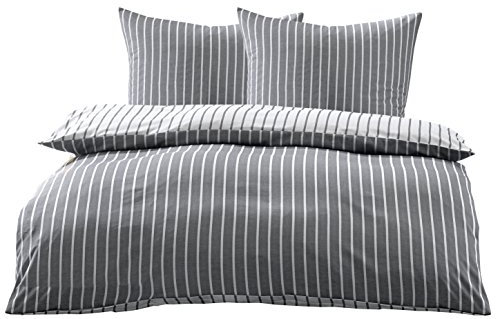 Bettwaesche-mit-Stil Mako Satin Damast Streifen Wendebettwäsche (schwarz, 200cm x 220cm + 2X 80cm x 80cm)