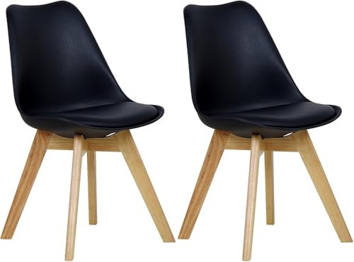 WOLTU Esszimmerstühle 2er Set, Skandinavische Küchenstühle mit Massivholz Beinen, Retro Design, Sitzfläche aus Kunstleder, bis 150 kg belastbar, Schwarz