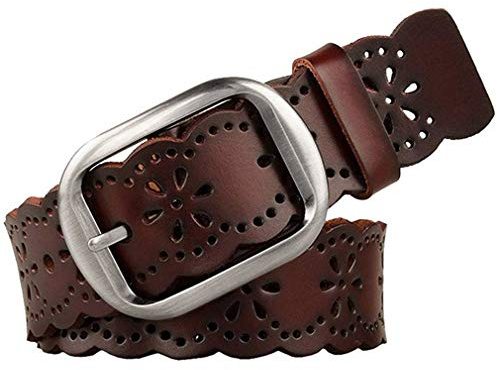 JASGOOD Women’s Hollow Flower Genuine Cowhide Leather Belt With Alloy Buckle needs dark brown and a size Waist Size 26-30 Inch