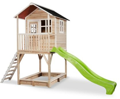 EXIT Toys Loft 700 Holzspielhaus für Draußen mit Sandkasten & Langer Rutsche - Wasserdichtes Gartenhaus für Kinder - Einfache Montage - 100% FSC Zedernholz - 391x190x269cm - Natur