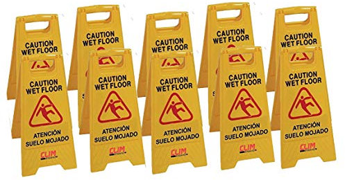 Clim Profesional 10 Señales de Advertencia de Pavimento o Suelo Mojado en Color Amarillo. Especial para Empresas y Grandes Superficies. Pictograma en Español e Inglés. 30x63cms
