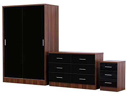 Reflect 3 Piece Bedroom Furniture Set - Double SLIDING Wardrobe + Wide Chest of 6 Drawers + 3 Drawer Bedside (Black Gloss/Walnut)