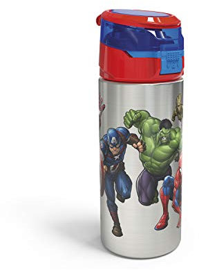 Zak Designs Marvel Comics Gourde en acier inoxydable durable avec couvercle à rabat à bouton-poussoir anti-fuite parfaite pour les sports de plein air (524,5 g, sans BPA), 524,5 g, Avengers