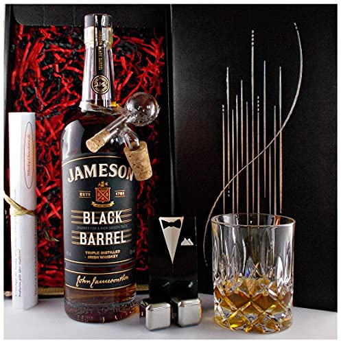 Jameson Black Barrel irischer Whiskey + Glaskugelportionierer + Whiskey Glas + 2 Whisky Kühlsteine im Geschenk Karton Männergeschenke Genießer Set