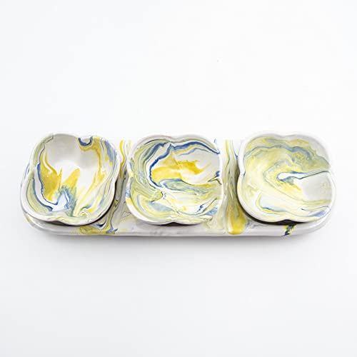 Vajilla para aperitivos tri-cuencos, diseño de flores, color azul y amarillo