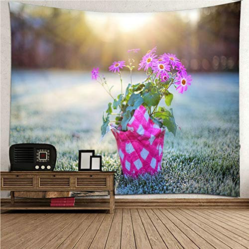 Banemi Wandteppich Lang, Wandteppich Kinder Mädchen Grün Rosa Blumen Auf Gras Polyester Wandteppich Home Decor Wandteppiche Wandkunst für Zimmer 210x140CM