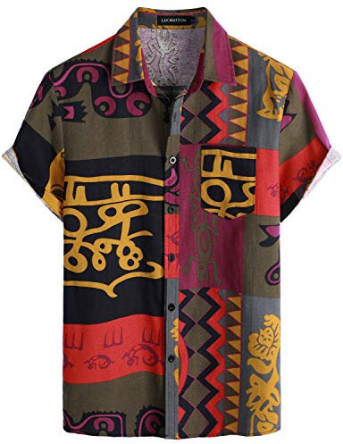 LucMatton Men's Summer Linen Floral Print Short Sleeve Button Down Hawaiian Shirts Beach Vacation Tops Grey Orange Large