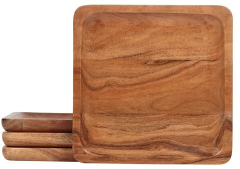 Lavaux Designs Juego de 4 platos de madera de acacia, juego de 4 platos cuadrados de madera para cargadores | 25x25 cm | Irrompible | sin juntas | Recubrimiento de grado alimenticio