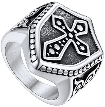 U7 Edelstahl Fingerring Punk Stil Tempelritter Kreuz Schild Ring Gotik Großer Ring Wikinger Statement Ring Street Style Modeschmuck für Männer(Ring Größe 67)