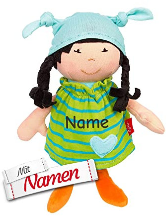 SIGIKID Stoffpuppe Brenda Bilipup mit Namen personalisiert/Bestickt, Erste Puppe/Kuschelpuppe, Mädchen Babyspielzeug (Grün, gestreift)