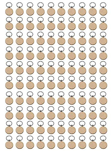 Kliplinc Lot de 100 porte-clés ronds vides en bois - Pour le bricolage, les clés, la gravure de cadeaux
