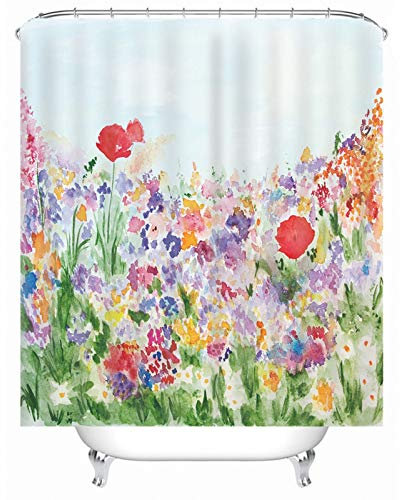 EHOMERY Duschvorhang Japan Duschrollo Mit Motiv Blumenfeld Polyester Rostfreie Ösen Und 12 Hakenringe, 140X180Cm