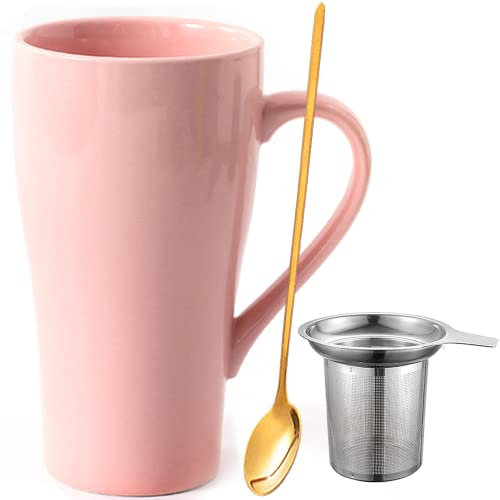 Arawat Groß Tasse 500 ml Teetasse mit Sieb XXL Kaffeetasse Keramik Teetasse Original mit Löffel & Untersetzer 500 ml Kaffeebecher Cute Geburtstagsgeschenk Tee Kaffee Tasse Geschenk (Rosa)