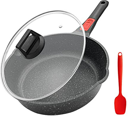 Bobikuke Poêle à Frire Antiadhésive 24 cm avec couvercle, D'aluminium poêle de chef saine en pierre avec Poignée détachable, Résistant au four et au lave vaisselle, Tous Types de Cuisinières