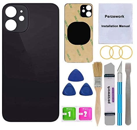 Perzework OEM Verre arrière de rechange pour iPhone 12 Mini 5,4 (Noir) avec kit d'outils de réparation