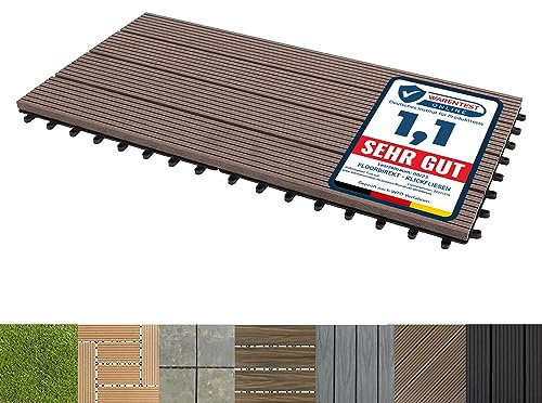 Floordirekt Baldosas de Patio WPC 60x30cm 1 pieza = 0,18m² para terrazas, balcones - suelo exterior con aspecto de madera, Clic Azulejos con función de drenaje | Marrón oscuro | Royal