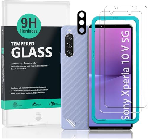 Ibywind schutzfolie kompatibel mit Sony Xperia 10 V 5G(6.1 Zoll),mit 2 Stück gehärtetem Glas-9H Härte, 1 Stück Metall Kamera Schutzfolie,1 Stück Carbon Fiber Folie für die Rückseite