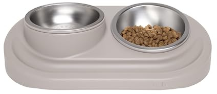 Ubbi Pet Feeding Bowls and Silicone Mat Set, One Elevated and One Flat Stainless Steel Bowl with Non-Slip Silicone Mat, Pet Feeder Bowls for Dogs or Cats, Ergonomic Design, Taupe
