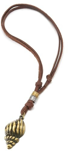 COOLSTEELANDBEYOND Unisex Vintage Muschel Anhänger Halskette für Damen Herren mit Verstellbaren Braun Lederband