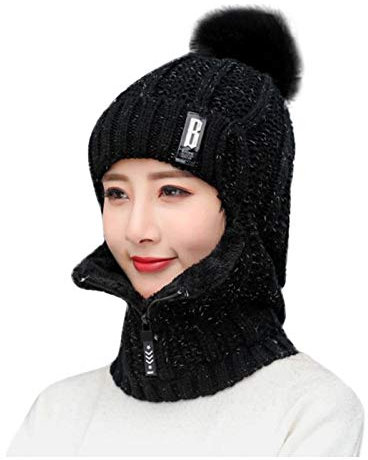 Chapeau Femme Hiver Chaud Tricoté Bonnet Et Ensembles De Cache-Cou,Bonnet Tricoté Flexible Avec Boule De Poils,Doublé En Molleton Épais Doux,fermeture éclair Réglable Pas cher
